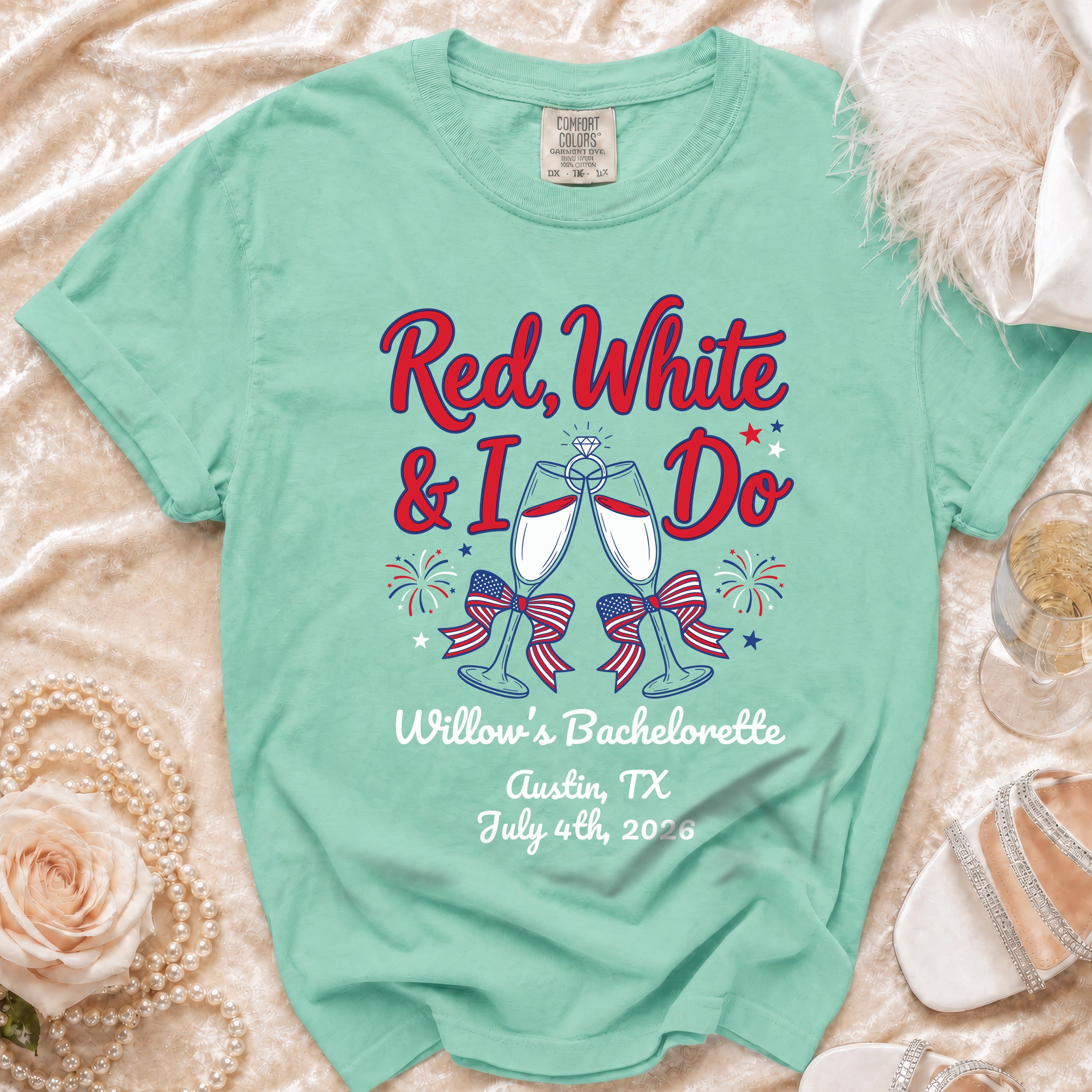 Red, White & I Do Bachelorette shirt with fireworks and champagne glasses.