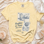 Yellow t-shirt with "Reckless in Texas Olivia's Bach Austin, TX Summer 2026" design.