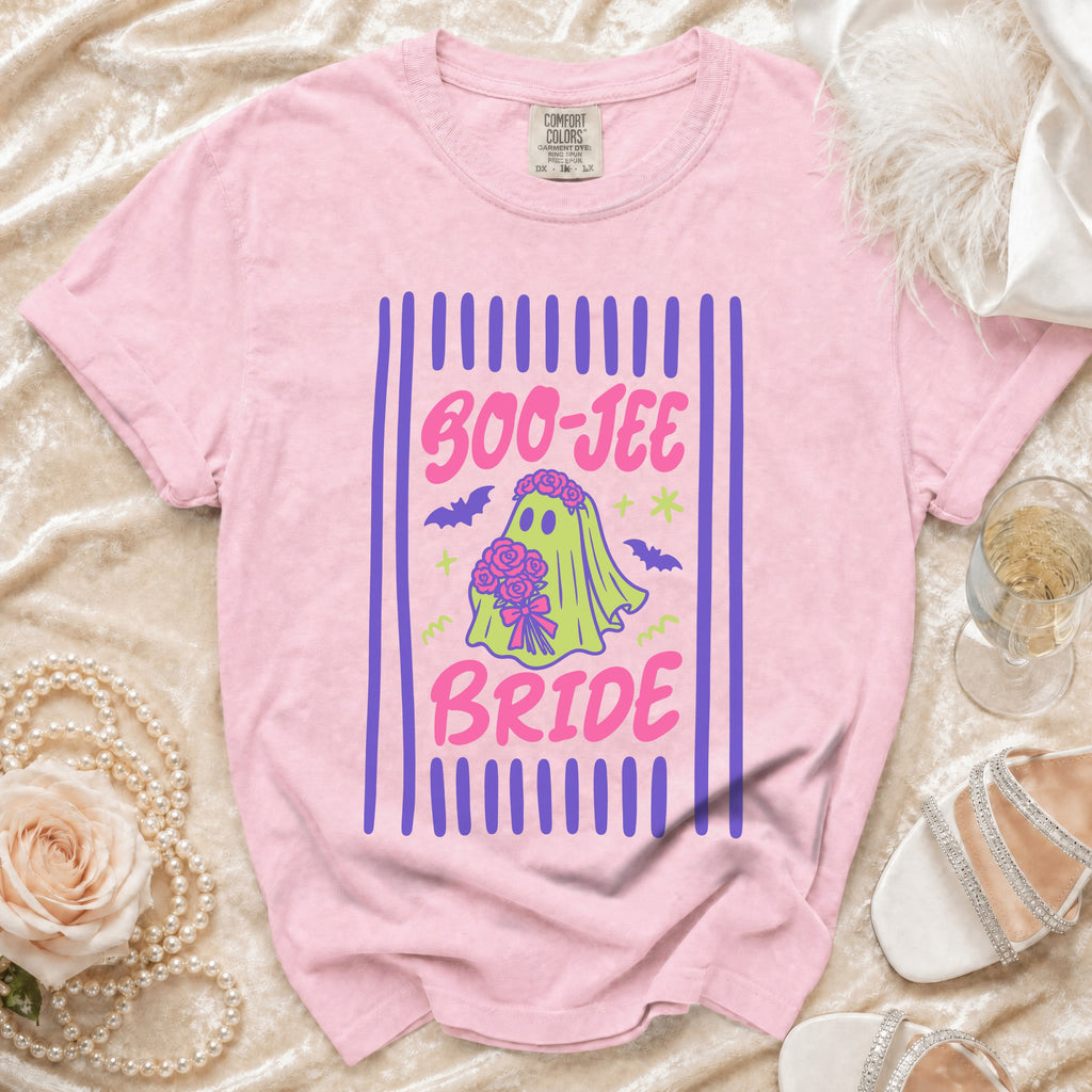 Pink t-shirt with "Boo-Jee Bride" graphic featuring a ghost bride and bats.
