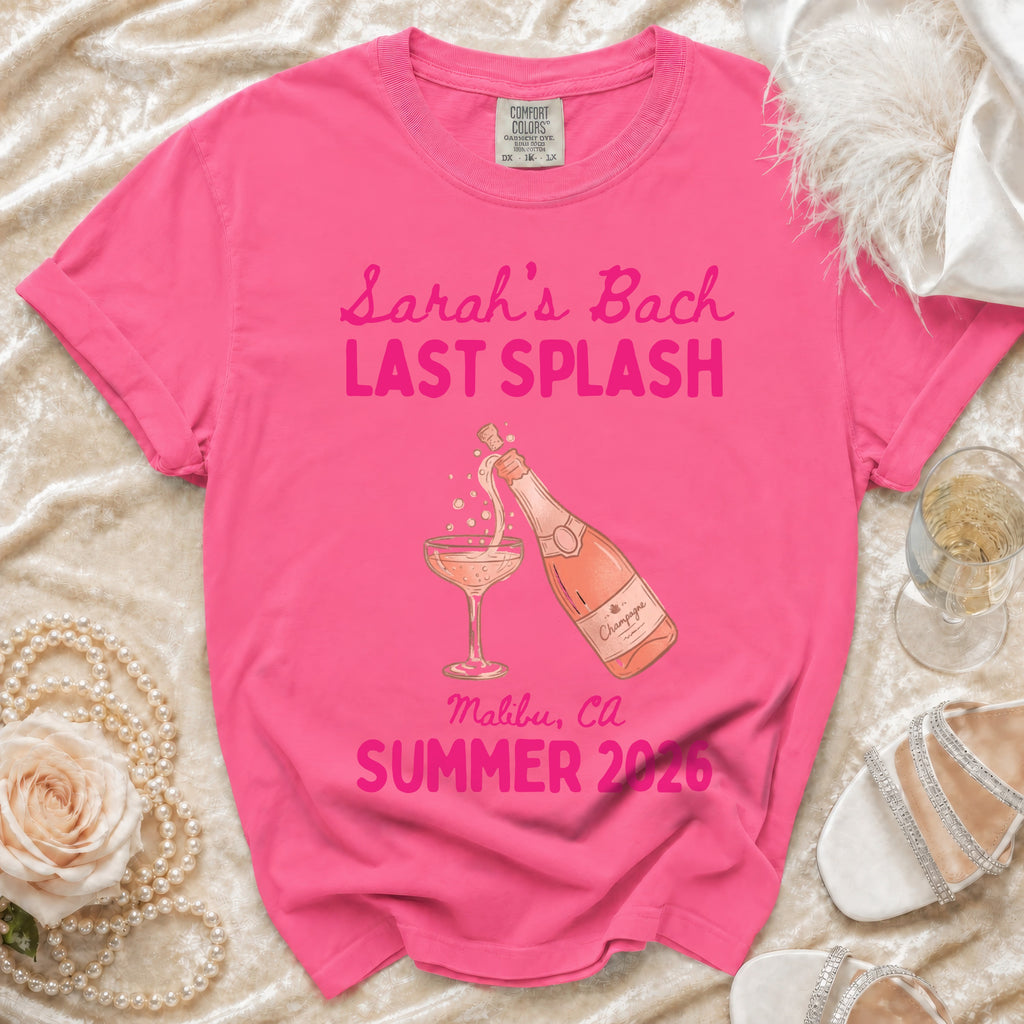 Pink t-shirt with "Sarah's Bach Last Splash" text and champagne graphic.