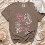 Brown t-shirt with "This Bride Bites" graphic, skull bride, and roses.