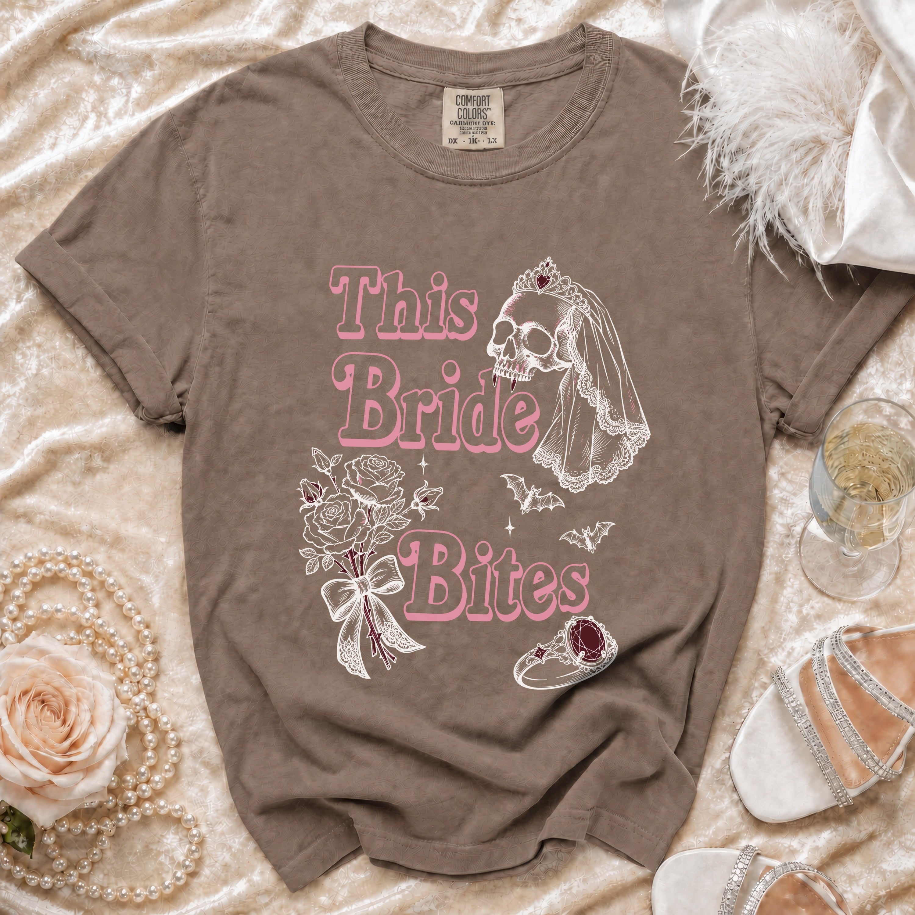 Brown t-shirt with "This Bride Bites" graphic, skull bride, and roses.