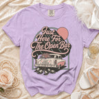 Lilac t-shirt with "Just Here For The Open Bar" text and wedding car graphic.