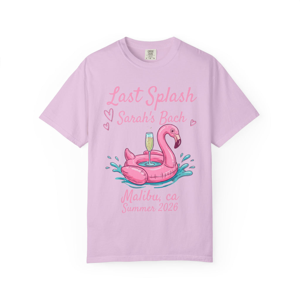 Pink t-shirt with "Last Splash Sarah's Bach Malibu, ca Summer 2026" text and flamingo float.
