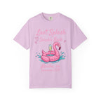 Pink t-shirt with "Last Splash Sarah's Bach Malibu, ca Summer 2026" text and flamingo float.