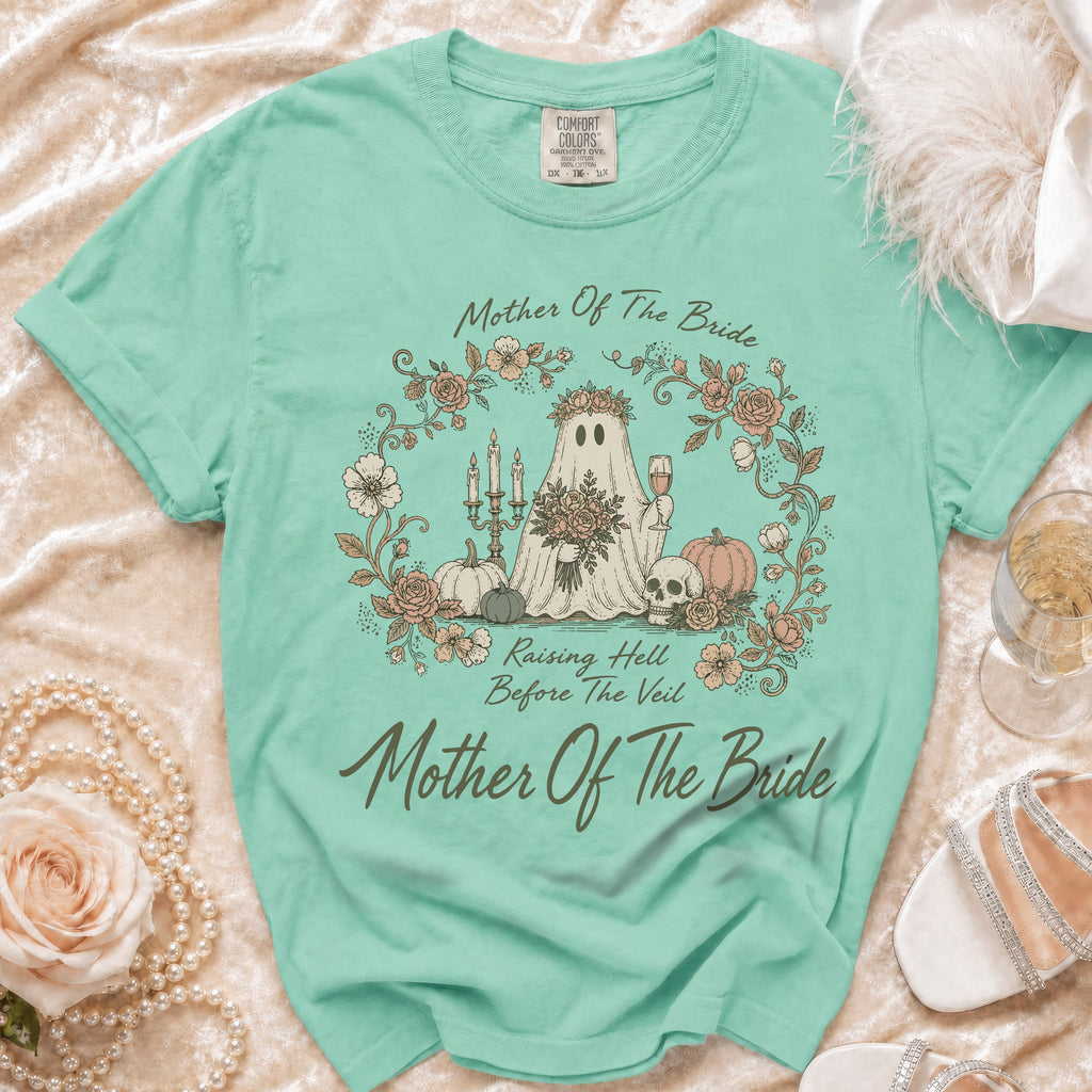 Mint green t-shirt with "Mother Of The Bride" and ghost graphic.
