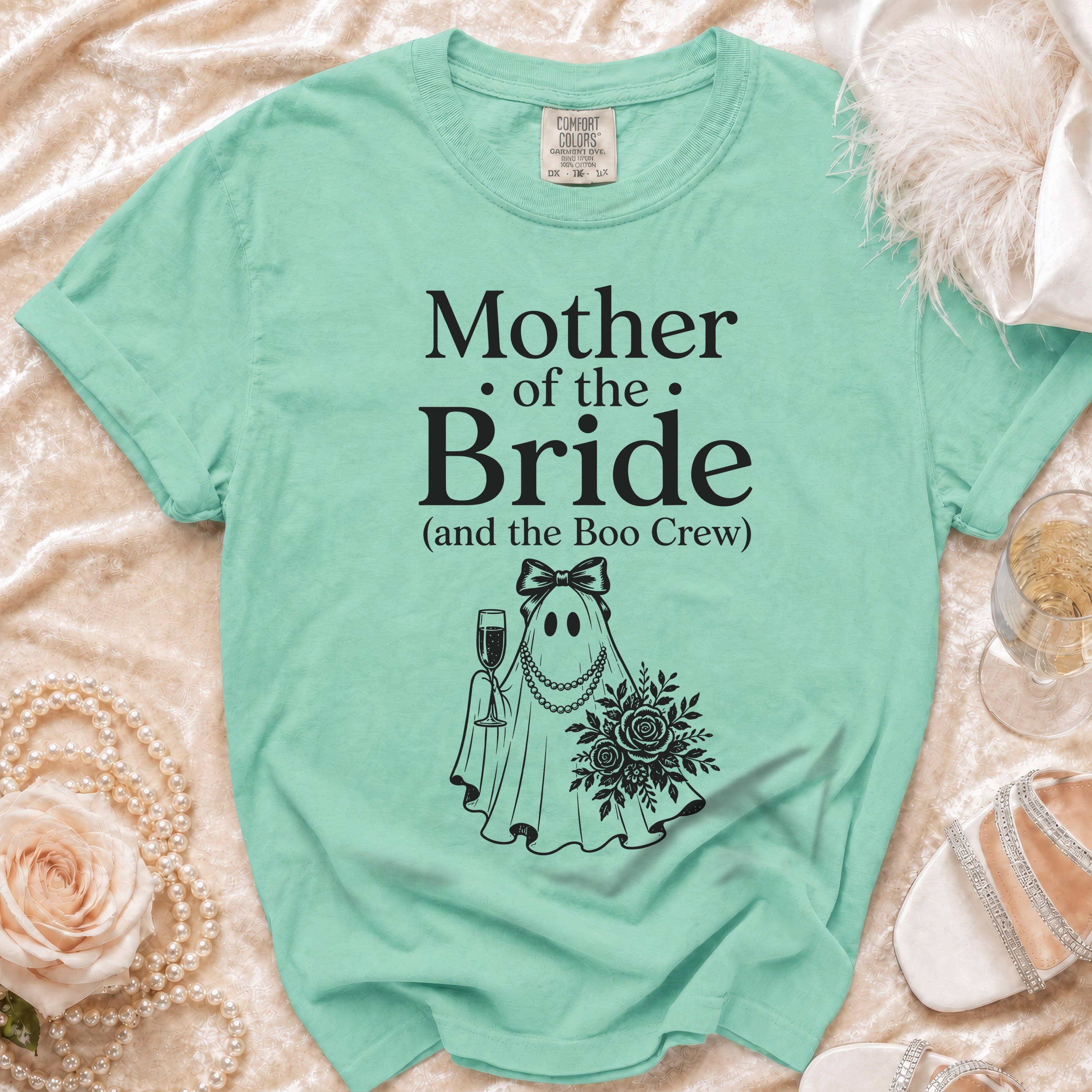 "Mother of the Bride (and the Boo Crew)" graphic tee with ghost bride and champagne.