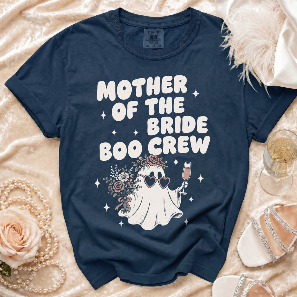 Navy t-shirt with "Mother of the Bride Boo Crew" text and ghost graphic.