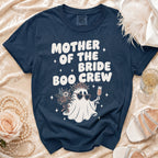 Navy t-shirt with "Mother of the Bride Boo Crew" text and ghost graphic.