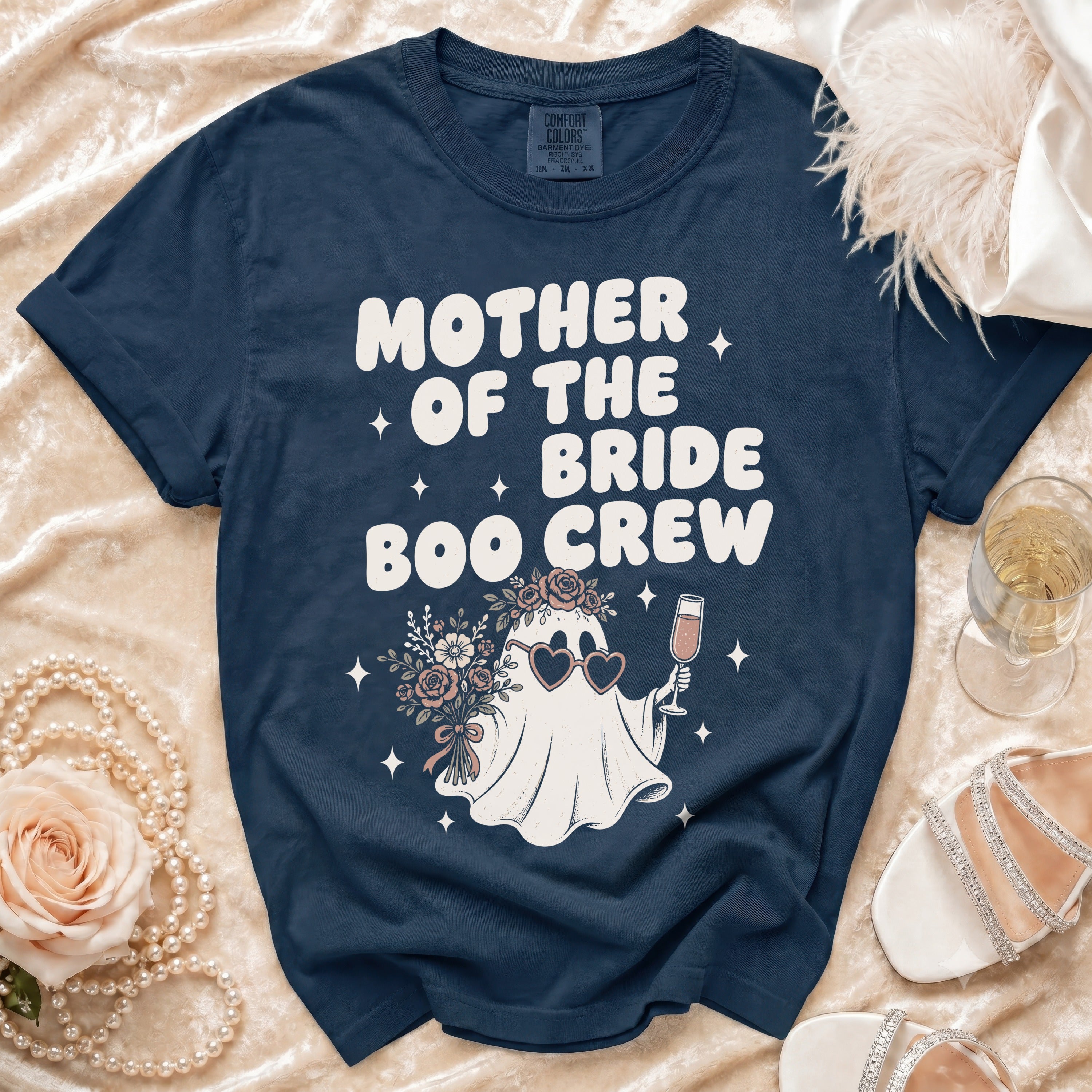 Navy t-shirt with "Mother of the Bride Boo Crew" text and ghost graphic.