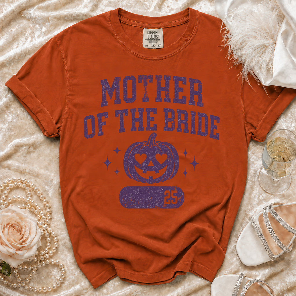 Orange t-shirt with "Mother of the Bride" text, pumpkin graphic, and "25".