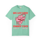 Mint green t-shirt with "Her Last Rodeo" and "Jennifer's Bach" text.