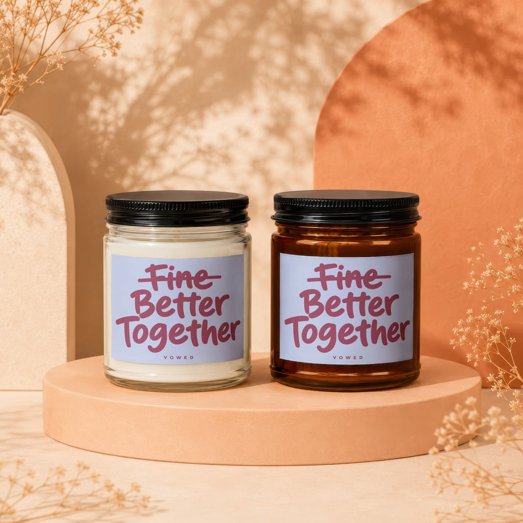 Two candles with "Fine Better Together" text on lavender labels.