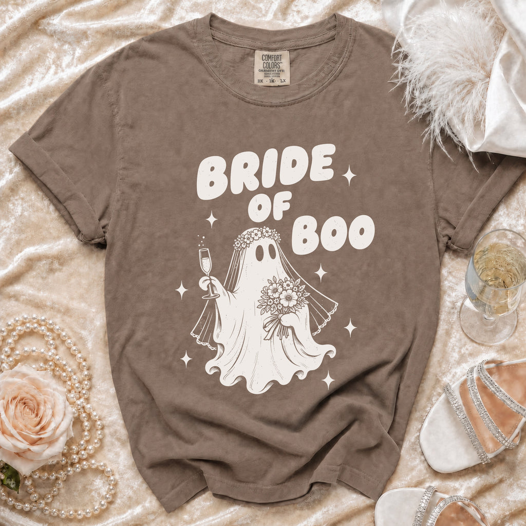 Brown t-shirt with "Bride of Boo" text and ghost graphic.