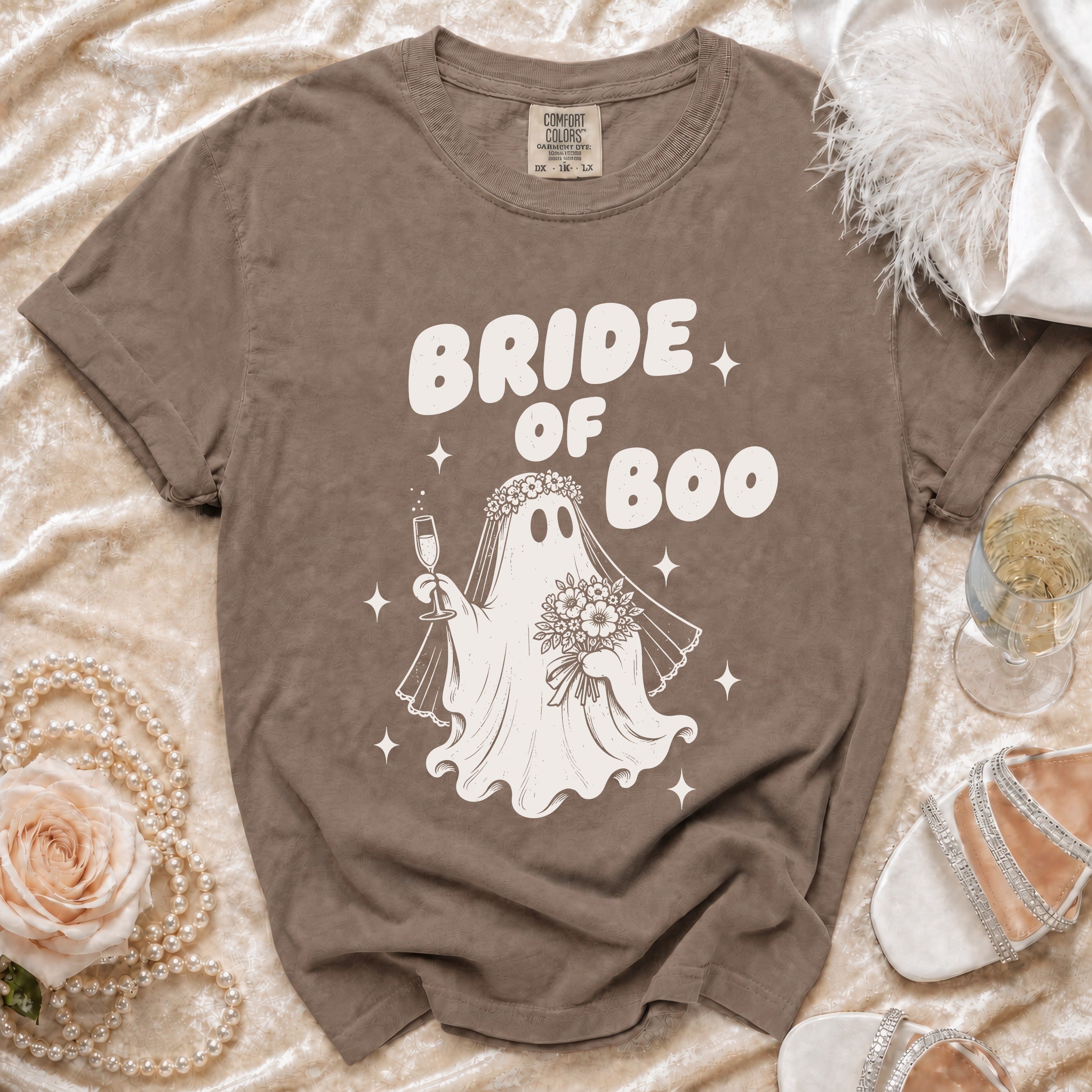 Brown t-shirt with "Bride of Boo" text and ghost graphic.