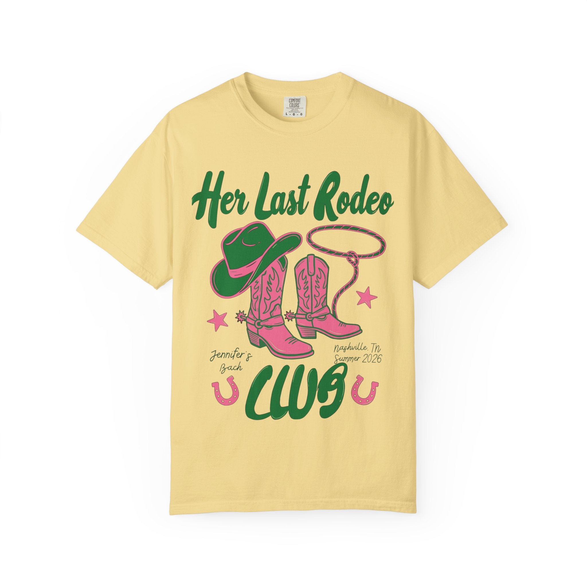 Yellow t-shirt with "Her Last Rodeo" graphic featuring cowboy boots and lasso.