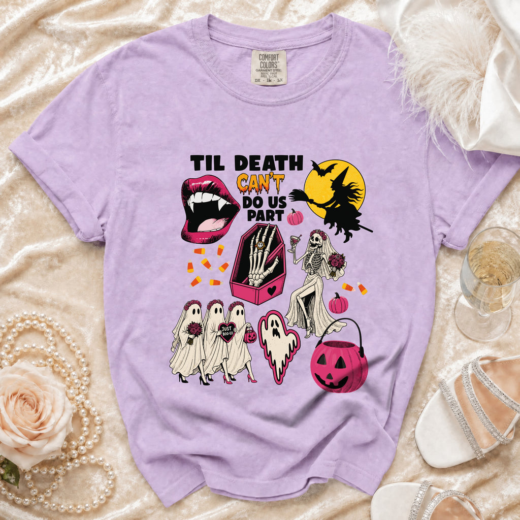 Purple t-shirt with "Til Death Can't Do Us Part" Halloween graphic.