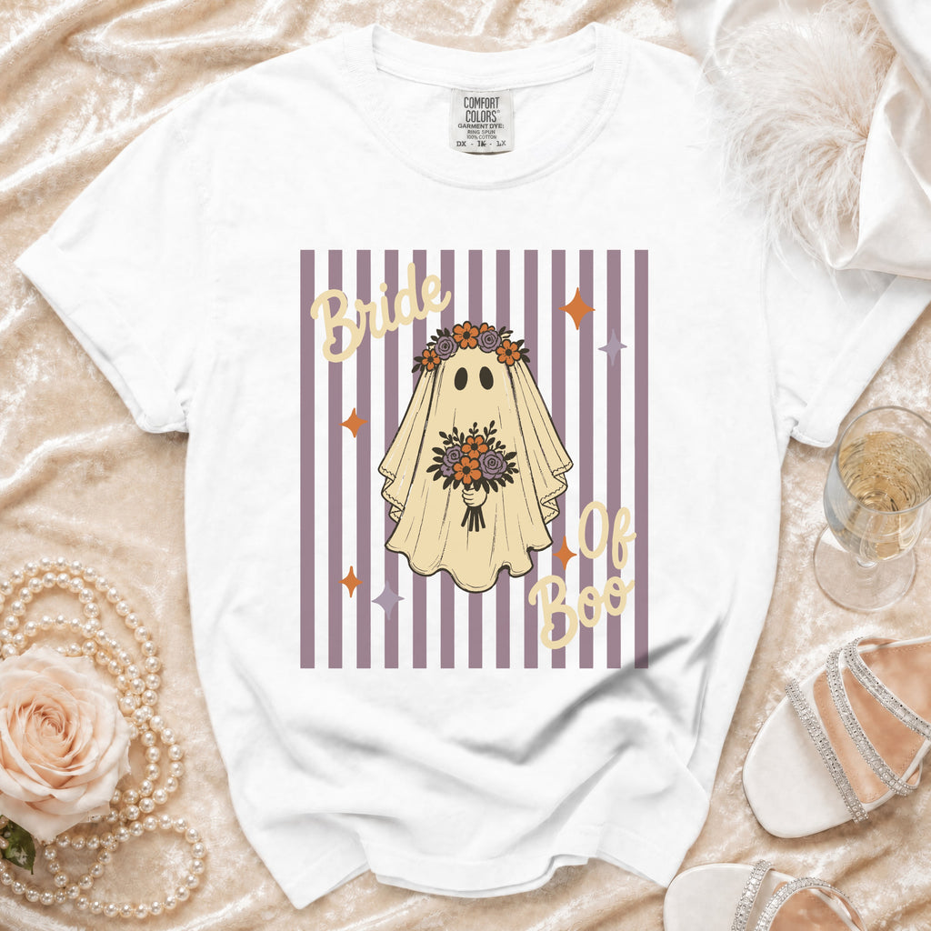 White t-shirt with a ghost bride design, "Bride of Boo" text, and striped background.