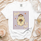 White t-shirt with a ghost bride design, "Bride of Boo" text, and striped background.