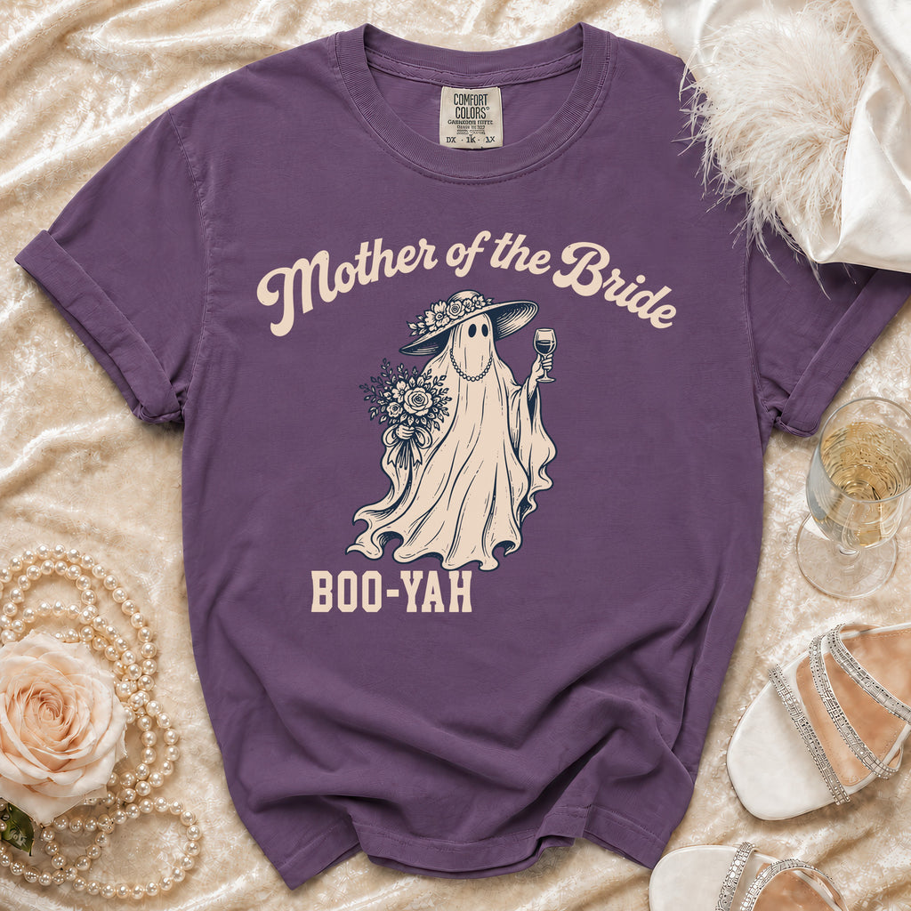 Purple t-shirt with "Mother of the Bride Boo-Yah" graphic of a ghost holding wine.
