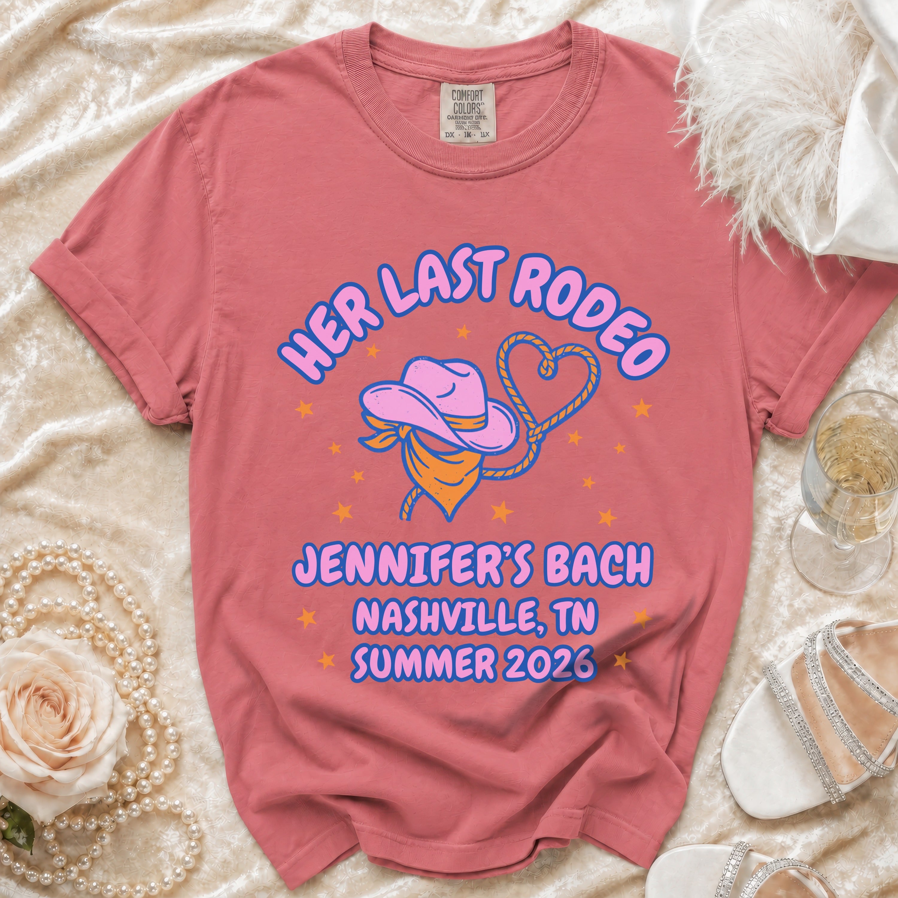 "Her Last Rodeo" text on a pink t-shirt for Jennifer's Bach Nashville 2026.