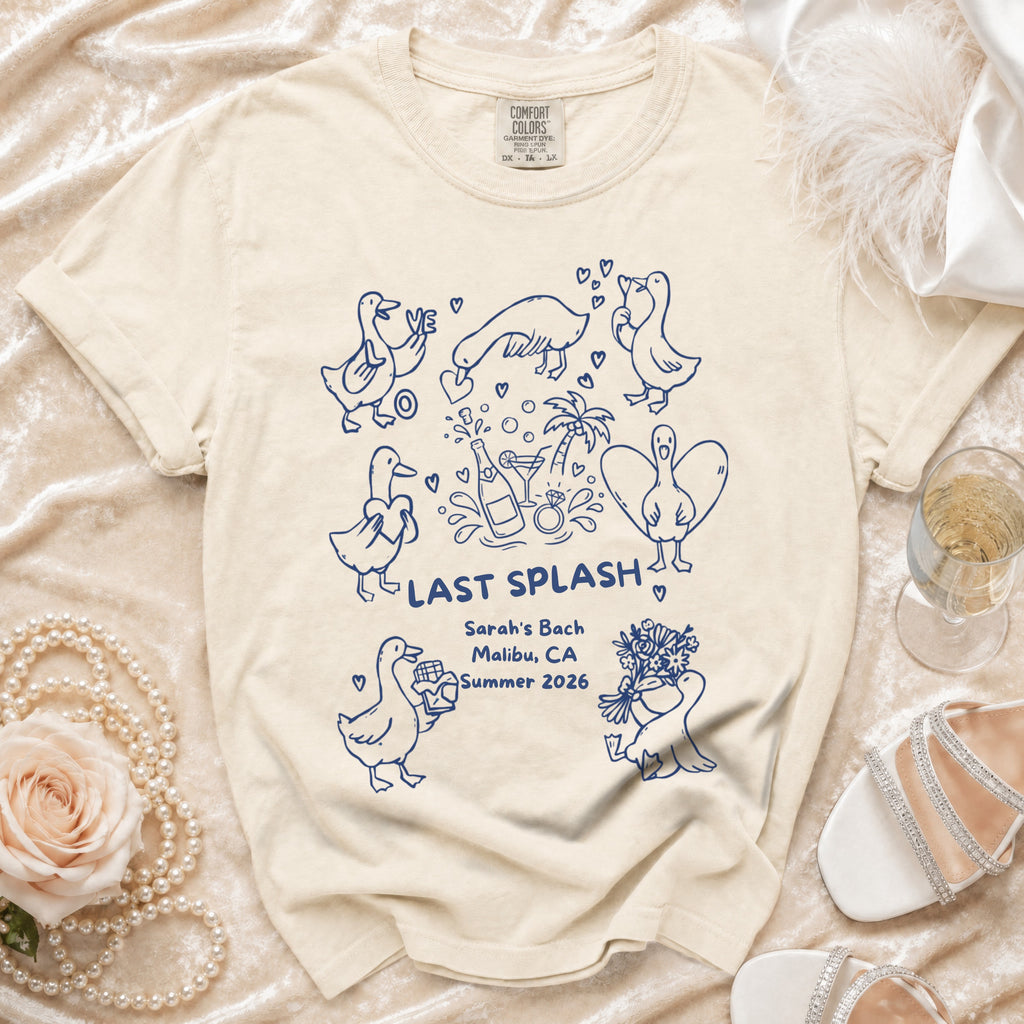 Cream t-shirt with "LAST SPLASH Sarah's Bach Malibu, CA Summer 2026" and duck illustrations.