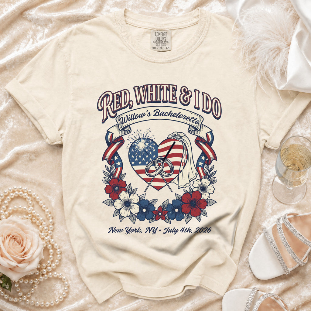 Cream t-shirt with "Red, White & I Do Willow's Bachelorette" design.