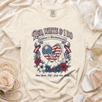 Cream t-shirt with "Red, White & I Do Willow's Bachelorette" design.