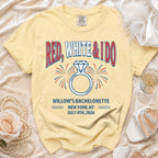 Yellow t-shirt for "Willow's Bachelorette" featuring "Red, White & I Do" text and ring graphic.