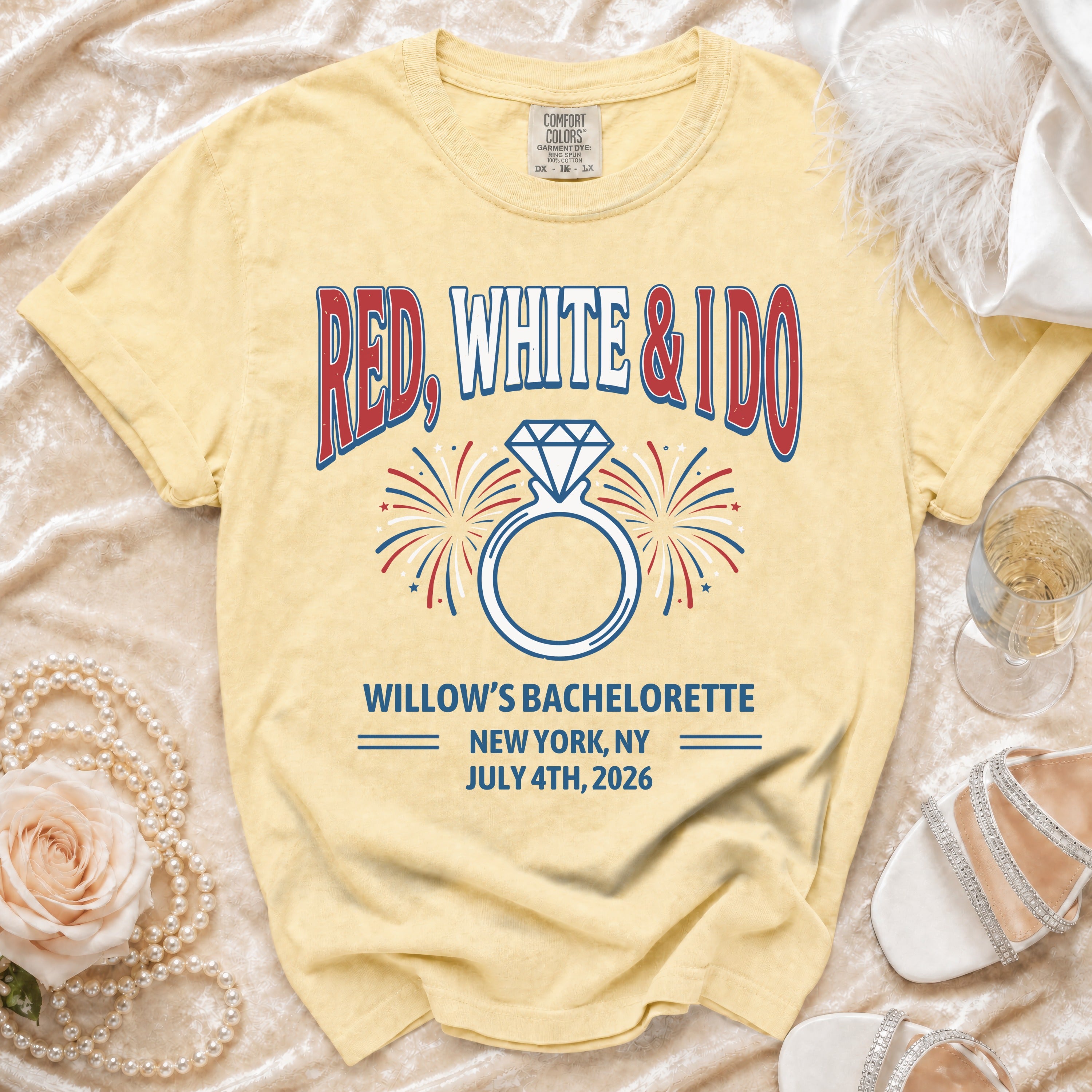 Yellow t-shirt for "Willow's Bachelorette" featuring "Red, White & I Do" text and ring graphic.