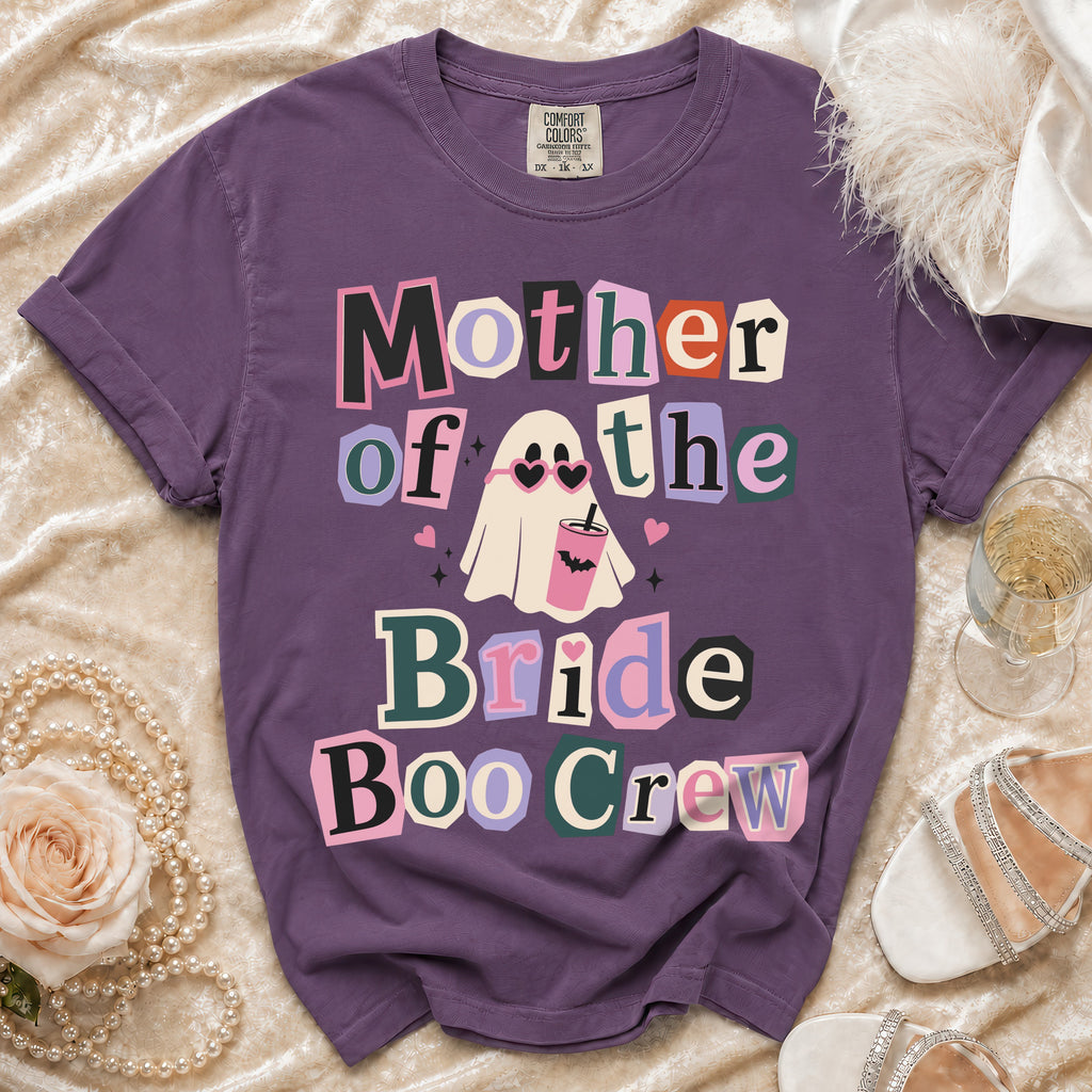 Purple t-shirt with "Mother of the Bride Boo Crew" text and a ghost graphic.