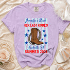Lavender t-shirt with "Jennifer's Bach HER LAST RODEO" and cowboy boot design.