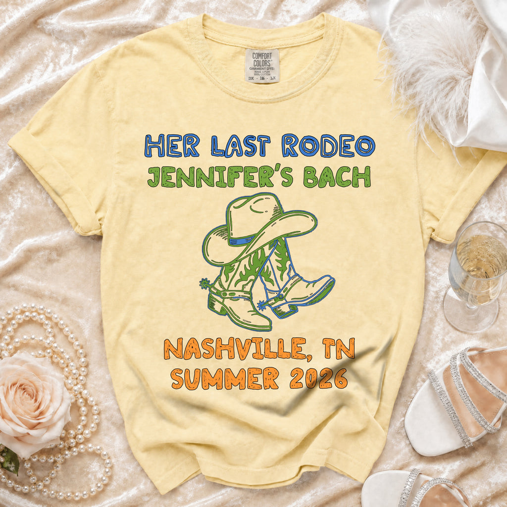 Yellow t-shirt for "Her Last Rodeo Jennifer's Bach" in Nashville, TN.