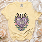 Yellow t-shirt with "Mother of the Groom Til Death (Do Us Party)" text and skull graphic.