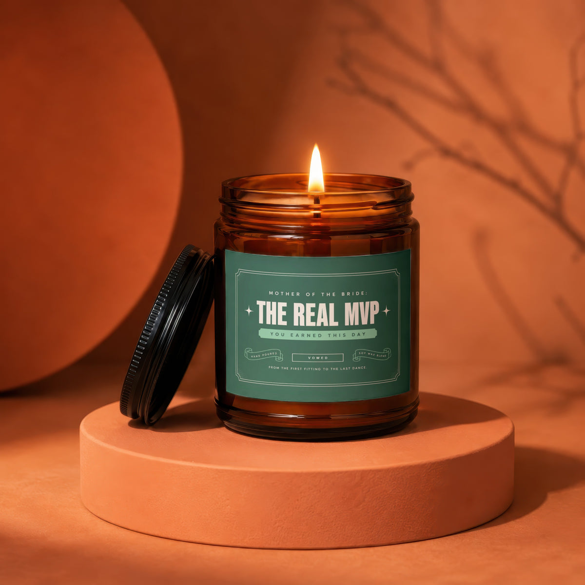 Candle with "The Real MVP" label for Mother of the Bride.