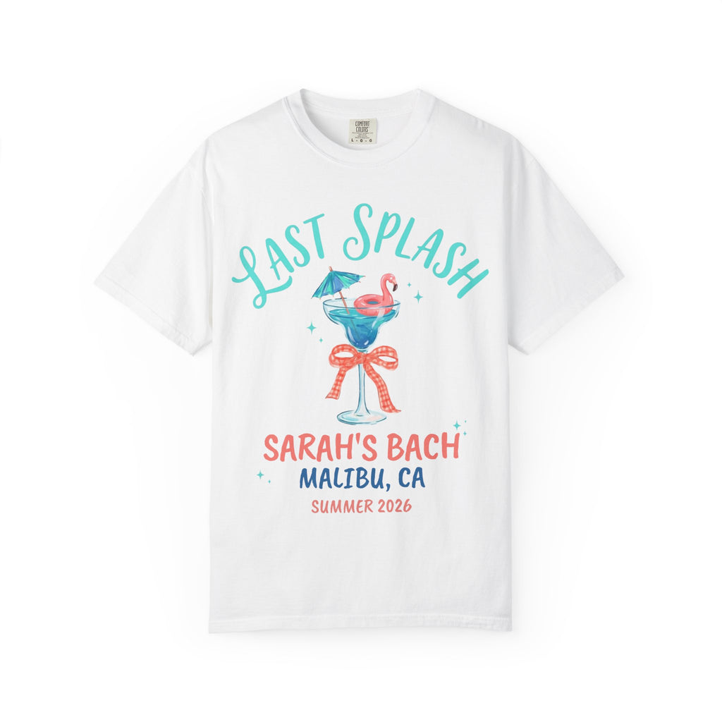 White t-shirt with "Last Splash" and cocktail graphic for Sarah's Bach, Malibu, CA.
