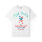White t-shirt with "Last Splash" and cocktail graphic for Sarah's Bach, Malibu, CA.