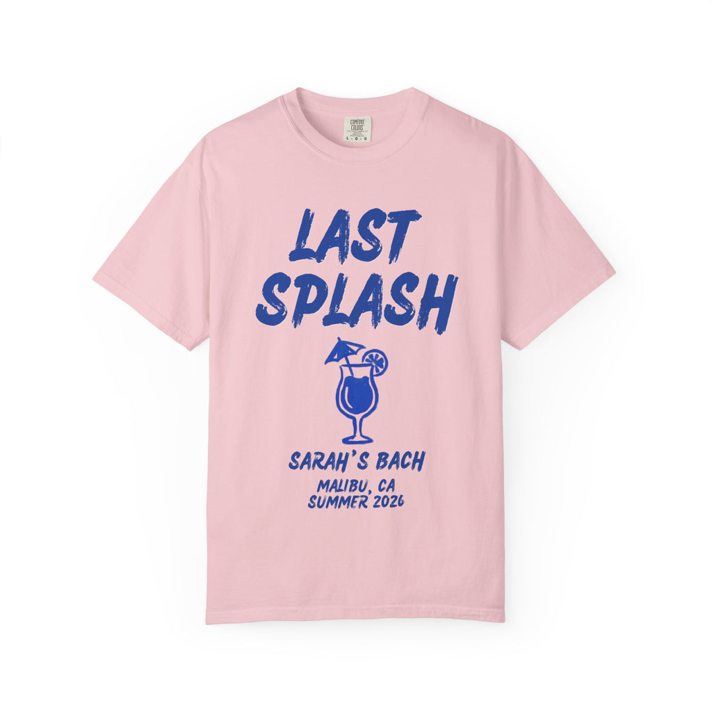 Pink t-shirt with "Last Splash" and cocktail glass design.