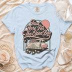 Light blue Comfort Colors t-shirt with "Just Here For The Open Bar" and a "Just Married" car graphic.