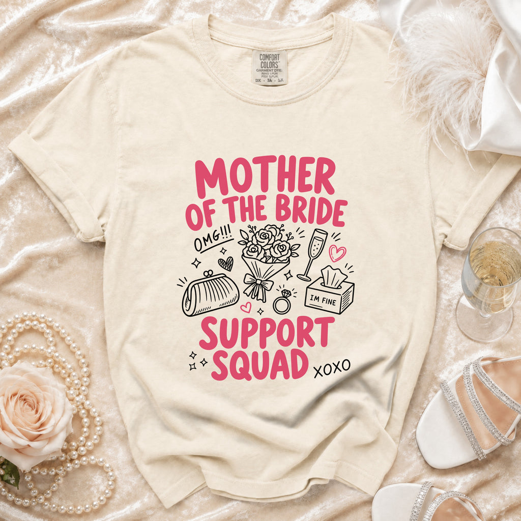 Cream t-shirt with "Mother of the Bride Support Squad" graphic and wedding icons.