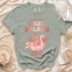 "Last Splash" design on a sage green t-shirt with "Sarah's Bach" and "Malibu, CA Summer 2026".