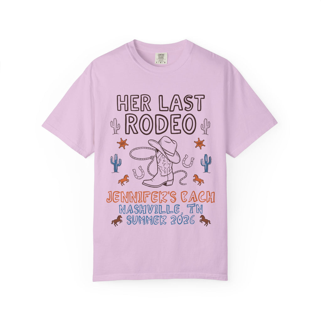 "Her Last Rodeo" t-shirt with cowboy boot, rope, and cactus graphics.