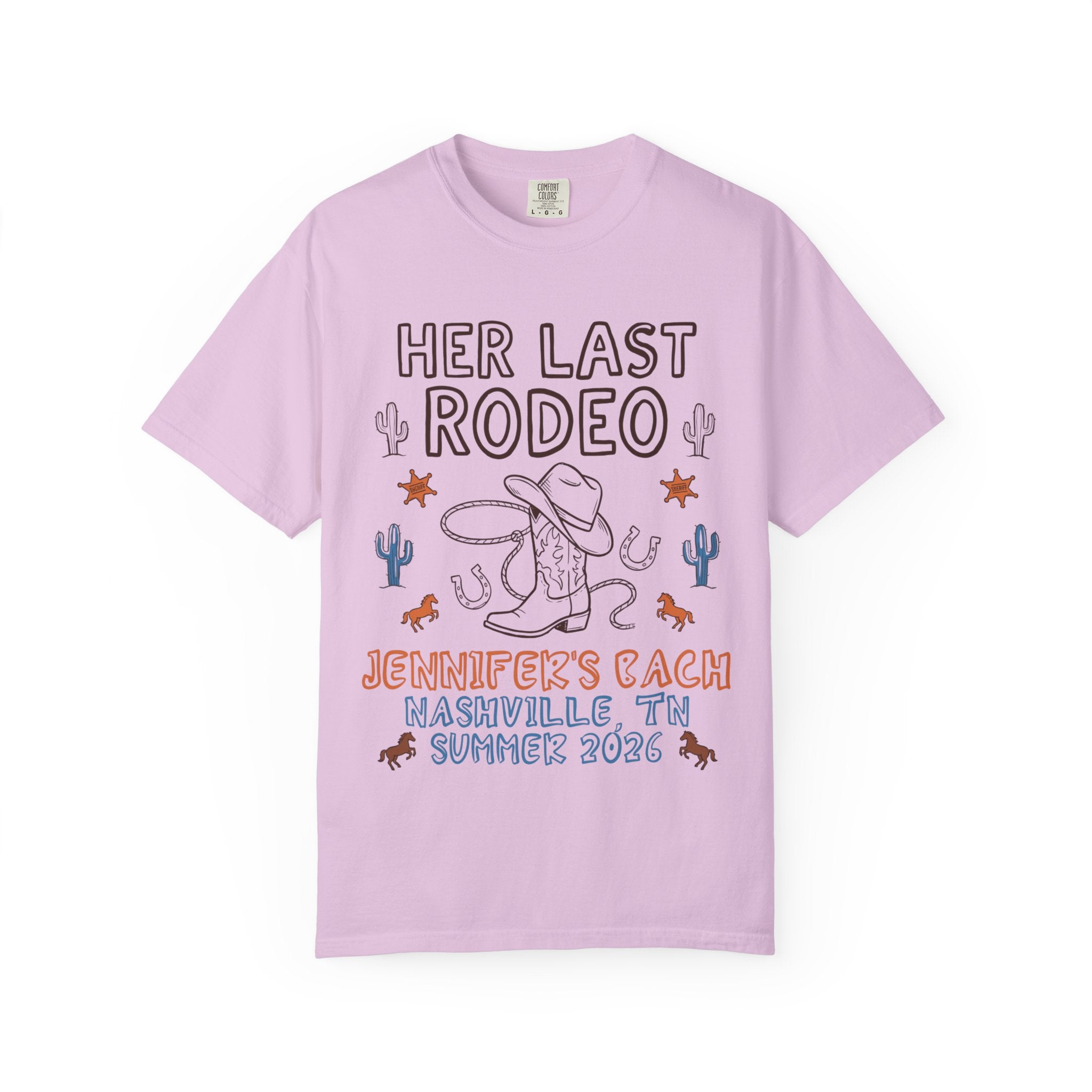 "Her Last Rodeo" t-shirt with cowboy boot, rope, and cactus graphics.