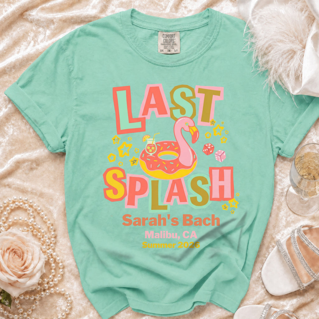 Mint green t-shirt with "Last Splash" and flamingo design for Sarah's Bach in Malibu, CA.