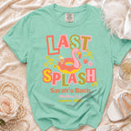 Mint green t-shirt with "Last Splash" and flamingo design for Sarah's Bach in Malibu, CA.