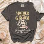 Dark grey t-shirt with "Mother of the Groom" and a woman illustration.