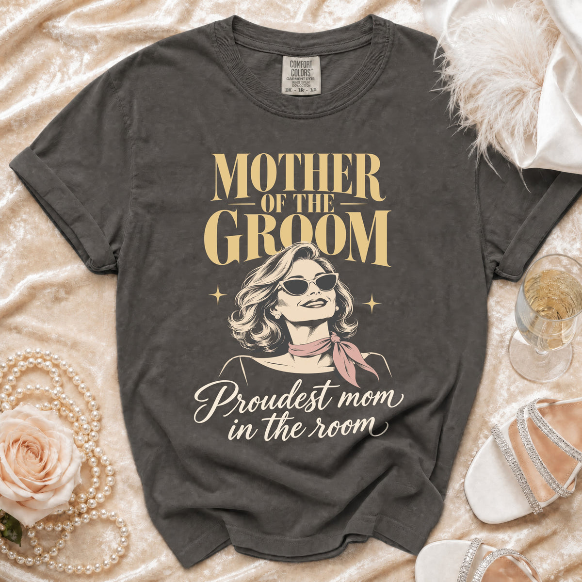 Dark grey t-shirt with "Mother of the Groom" and a woman illustration.