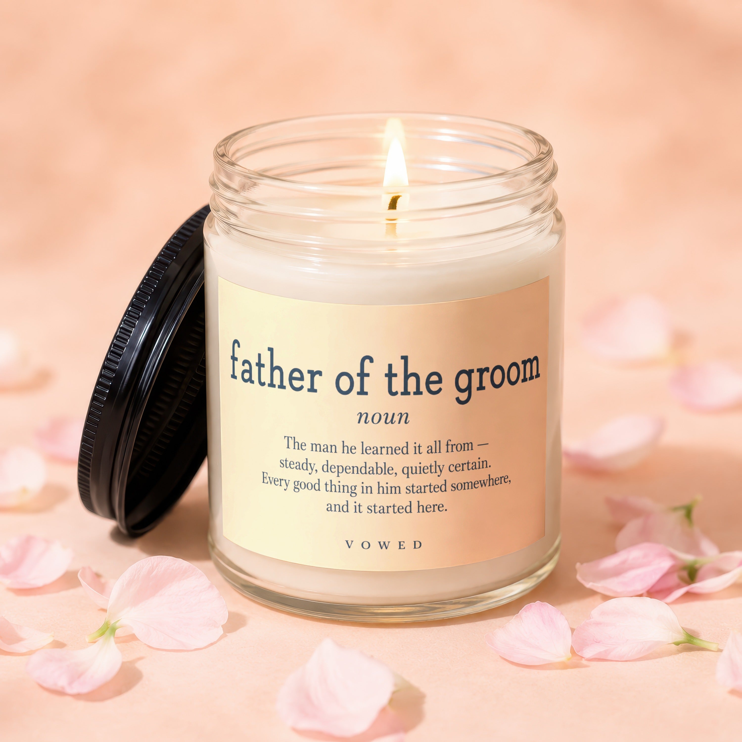 Jar candle with "father of the groom" definition and personal quote.