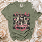 Green t-shirt with skeleton bride graphic: 'Til Death Do Us Part Est 2024
