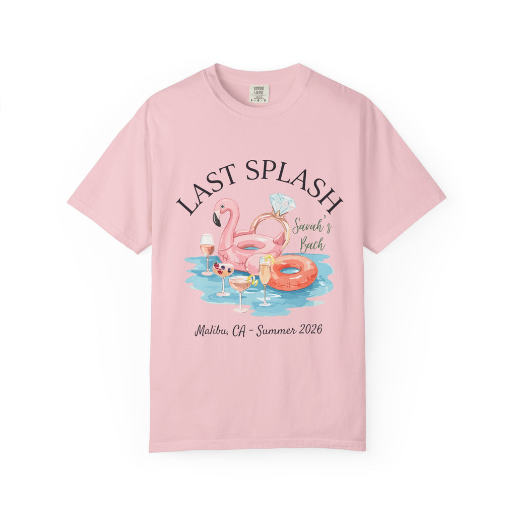 Pink t-shirt with "Last Splash Sarah's Bach Malibu, CA - Summer 2026" text and flamingo float.